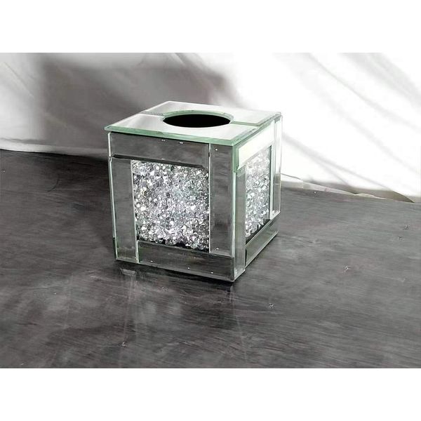 TOV® Diamond Crushed Tissue Box Paper CANISTERS Jars Storage Silver Trimmings Crystal Filled Diamond Crushed Glass Mirror Cube Tissue Box Holder Bathroom Dressing Table Decoration