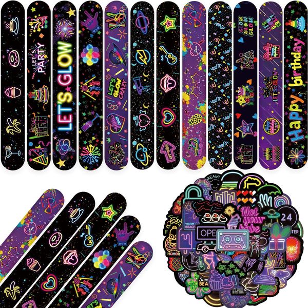 74 Neon Party Favors 50PCS Cool Neon Sign Vinyl Stickers 24PCS Glow Slap Bracelets Wristbands Neon Theme Birthday Party Decorations Glow in The Dark Party Supplies Favors for Kids School Rewards