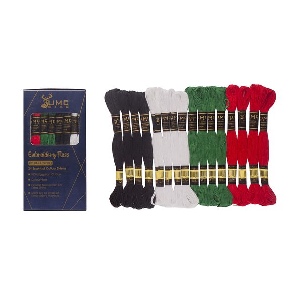 UMC STAG Embroidery Thread | 100% Egyptian Cotton | 24 Pieces 4 Essential Colours Premium Skeins | Oeko-TEX Certified Cross-Stitch Stranded Cotton | 6 Red 6 Black 6 White & 6 Green