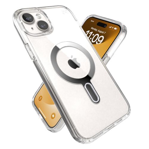 Speck Clear iPhone 15 Plus Case - ClickLock No-Slip Interlock, Built for MagSafe, Drop Protection - for iPhone 15 Plus & iPhone 14 Plus - Anti-Yellowing 6.7 Inch Phone Case - Presidio Clear/Chrome