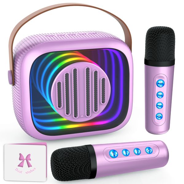 Karaoke Machine for Kids Adults, Portable Mini Karaoke Speaker with 2 Wireless Microphones, Stereo Sound and Colorful Lights, Toys Birthday Gifts for Girls 4, 5, 6, 7, 8, 9, 10, 12+ Years Old Toddler