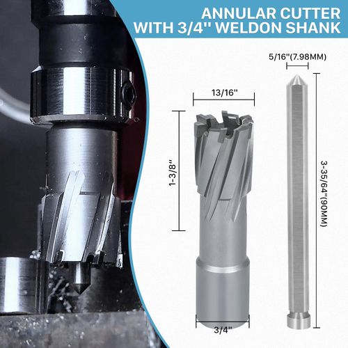 KEENTECH Carbide-Tipped Annular Cutter, 13/16" Diameter x 1-3/8" Depth, 3/4" Weldon Shank (2 Flat), High Speed Cutting TCT Mag Drill Bit with Pilot Pin for Harder Material, Stainless Steel, Cast Iron