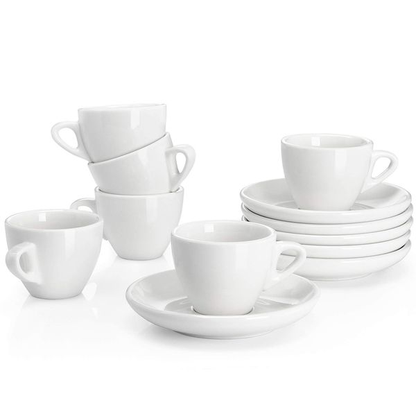 Sweese 2 Ounce Espresso Cups with Saucers, Porcelain Espresso Cups Set of 6 - White