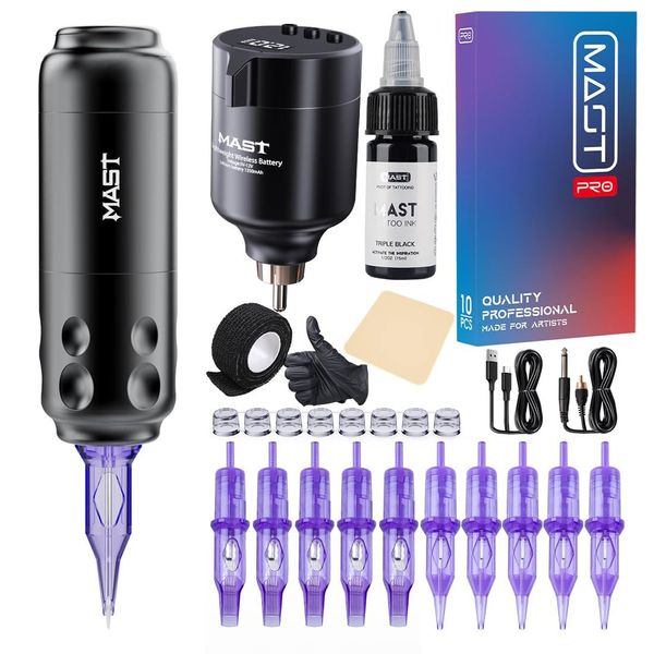 Mast Sensor Tattoo Maschine Kit Mast Wireless Tattoo Pen Rotary Tattoo Maschine Wireless Battery Tattoo Power Supply with 10pcs Tattoo Cartridges Needles for Tattoo Beginner