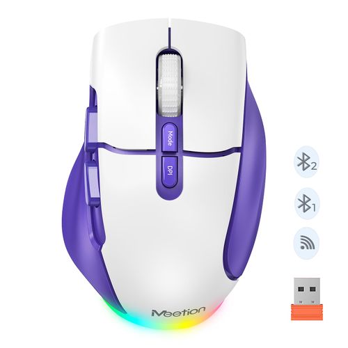 MEETION Wireless Mouse for Laptop, USB and Bluetooth Connectivity, 4 Adjustable DPI, Rechargeable, Ergonomic Mouse for Laptops, iPad, Compatible with Windows, MacOS, Android, iOS, Purple White
