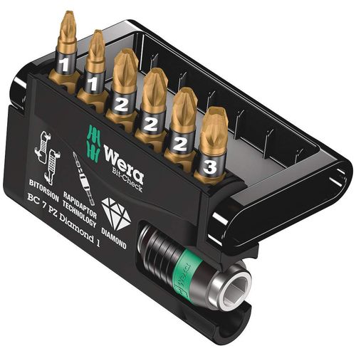 Wera Bit Check 7 PZ Diamond 1 Anti Cam-out BiTorsion Long Life bit set for drill/drivers, Pozidriv 7 piece, 05057412001