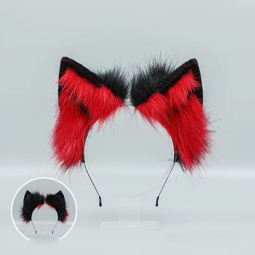 ILUFAM Handmade Wolf Ears Headband Furry Fox Cat Animal Ears Hair Hoop Faux Fur Hairband Halloween Anime Fancy Dress Party Cosplay Headwear (Black&red)