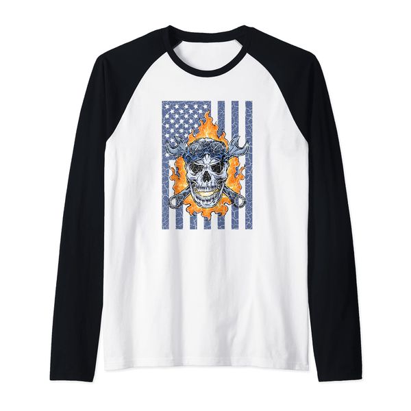 Mechanic Handyman Fire Skull American Flag Tools Wrench Raglan Baseball Tee
