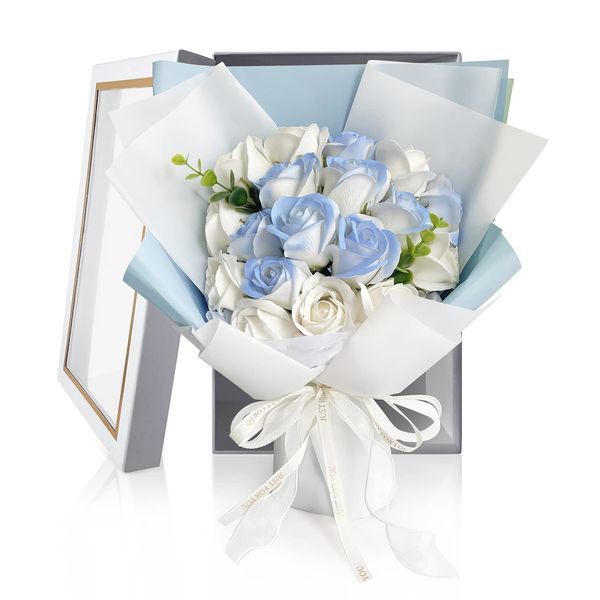 HANASPEAK Soap Flower Bouquet Mother's Day Graduation Ceremony Respect for the Aged Day Valentine's Day Flower Birthday Present Female Popular Flower Gift Rose 1 Box (Blue)