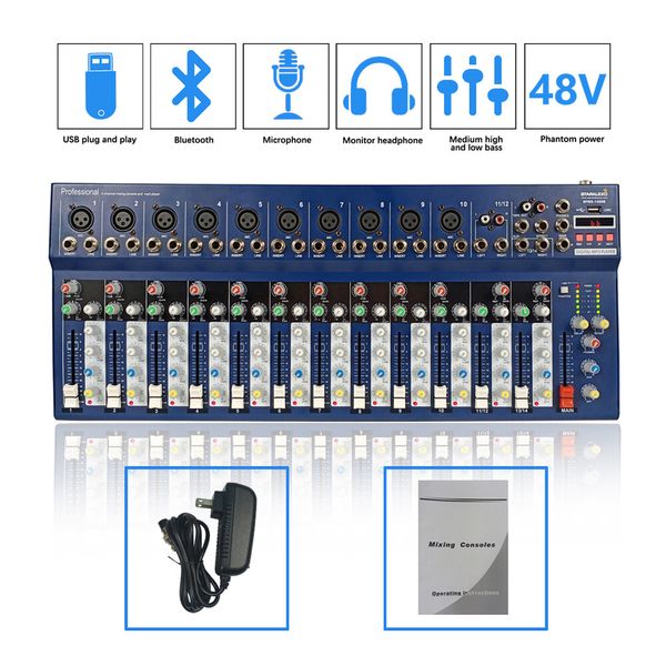 14 Channel Audio Sound Mixer Function Recording Mixing Console Effects W/ BT USB