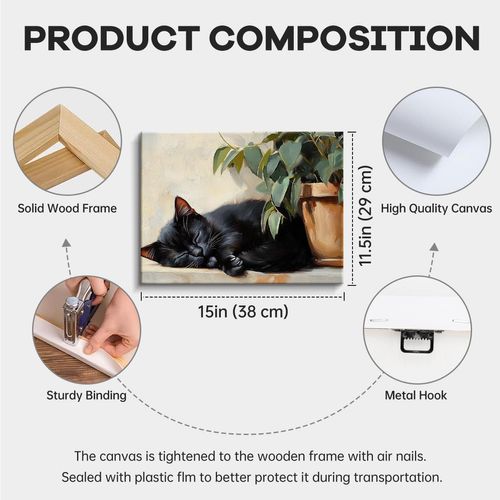 WOXZQ Canvas Wall Art, Oil Painting Decor, Cute Black Cat Sleeping Paintings, Farmhouse Pictures, Animal Artwork, Rustic Prints Cottagecore Office Living Room Bedroom 15x12 Inch