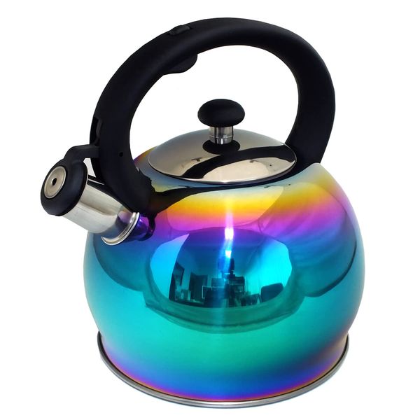 Voche® 3 Litre Capacity Stainless Steel Stovetop Whistling Kettle with Iridescent Multi Coloured Rainbow Finish