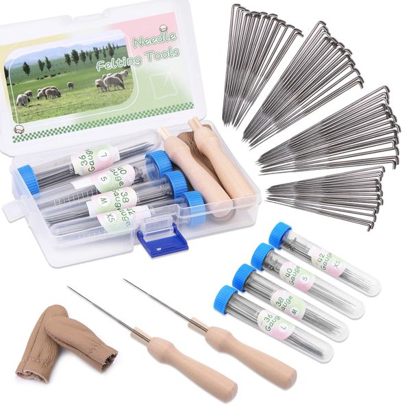 63PCS Needle Felting Needles with Wooden Handles, Wool Felting Tool Kit with 60PCS Needle Felting 2 Single-Felt Needle Handle Fingercots, 4-Sizes Felting Needles for Various Felting Projects