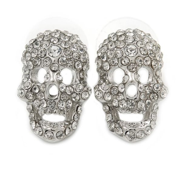 20mm L/Clear Crystal Skull Stud Earrings/Silver Tone