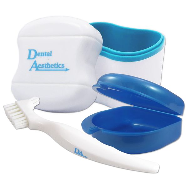 Dental Bath, Retainer Case and Brush ~ Storage Case and Container for Soaking and Cleaning Ortho Retainers (Blue Bath, Blue Case)