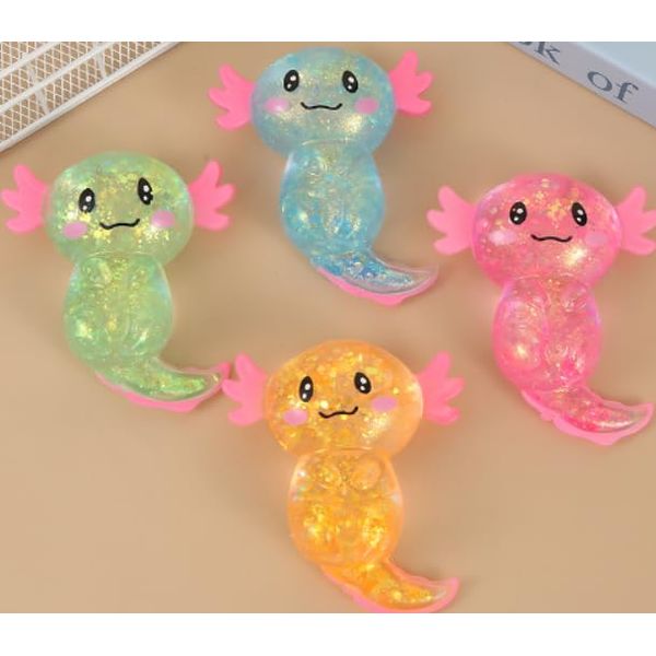 4PCS Glitter Squishy Stress Relief Axolotl Toy Cute Malt Sugar Filled Sensory Fidget Toy for Kids Adults Soothing Birthday Party Favors Gift (4 Colors)