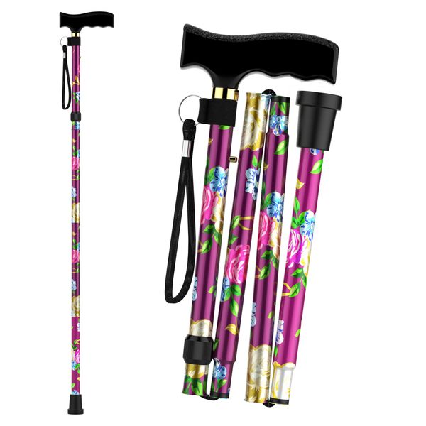 Andvari’s Floral Walking Sticks for Women, Men & Elders, All Terrain, Height Adjustable, Durable Folding Walking Sticks for Ladies & disabled, Anti-slip rubber base, Soft Grip Handle Walking Stick