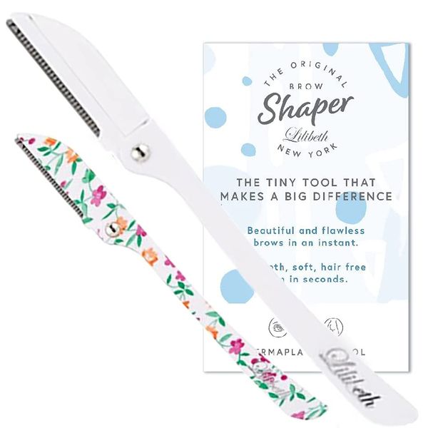 Lilibeth The Original Luxury Brow Shaper, Hair Removal Dermaplaning Tool Set of 2 Safe and Portable. Great for Eyebrows, Peach Fuzz and All Types of Facial Hair (Floral & White)