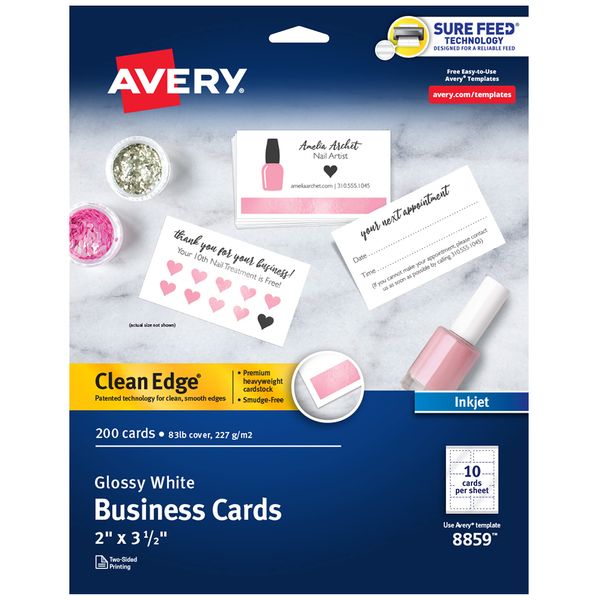 Avery Clean Edge Printable Business Cards with Sure Feed Technology, 2" x 3.5", Glossy White, 200 Blank Cards for Inkjet Printers (8859)