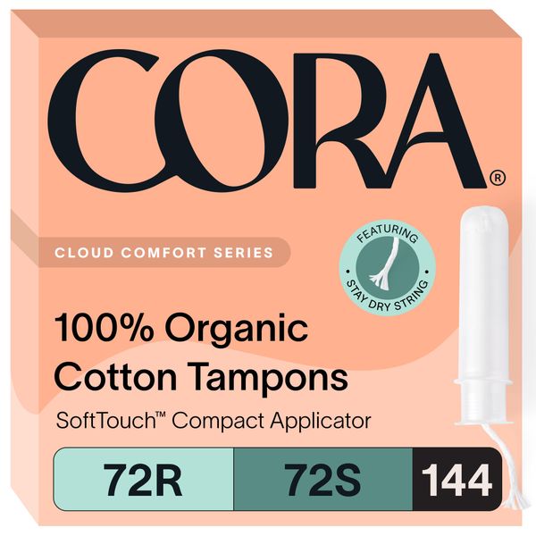 Cora Organic Applicator Tampon Multipack | 72 Regular & 72 Super Absorbency | 100% Organic Cotton, Unscented, BPA-Free Compact Applicator | Leak Protection | Packaging May Vary | 144 Total