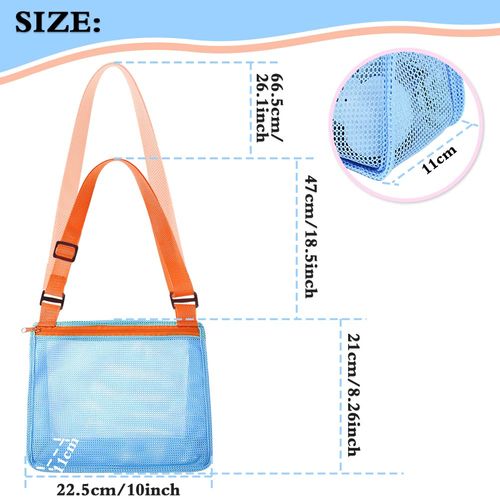 PLACHIDAY Beach Toy Mesh Beach Bag, Kids Beach Sand Toy Seashell Bag with Adjustable Shoulder Straps, Kids Shells Bags for Picking Up Shells Beach Sand Toys for Boys and Girls (Blue)