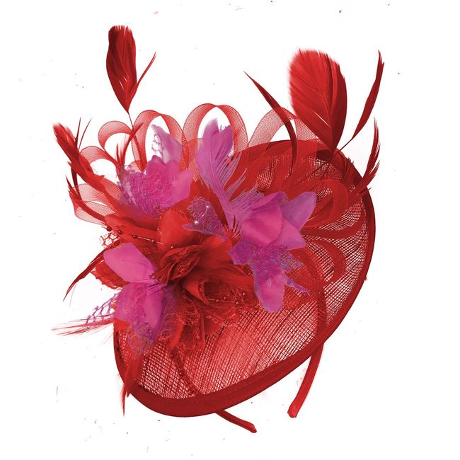 Caprilite Red and Fuchsia Hot Pink Sinamay Disc Saucer Fascinator Hat for Women Weddings Headband