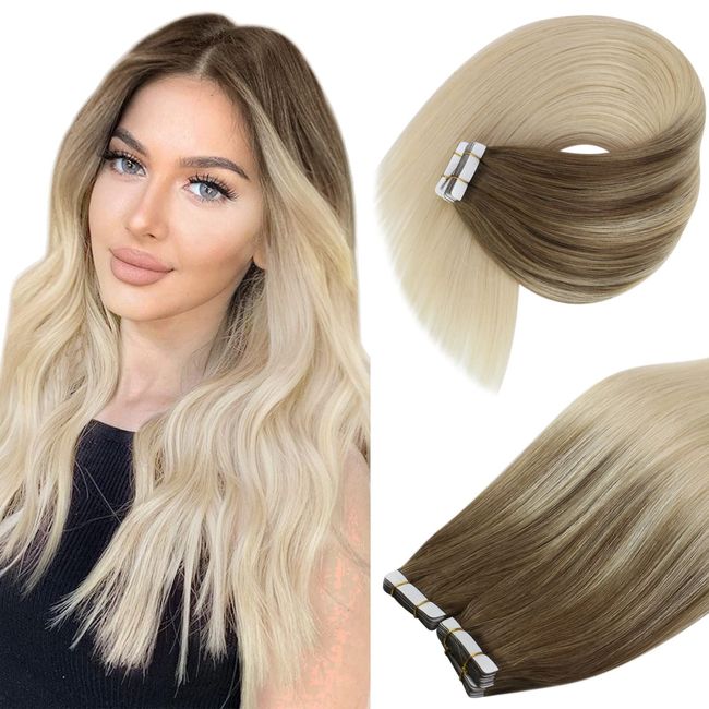 VeSunny Tape on Hair Extensions Ombre Blonde Invisible Pu Tape Hair Extensions Light Brown Ombre Platinum Blonde Tape ins Extensions Human Hair Ombre 20pcs 50g 22inch