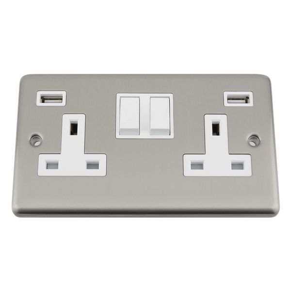 A5 USB Socket 2 Gang - Satin Matt Chrome Classic - White Insert - Plastic Rocker Switch