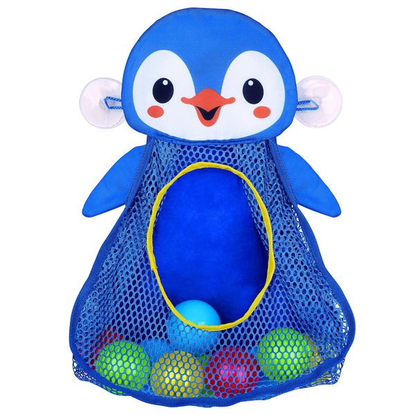 PlayGo Bath Toy Organizer Penguin | Four Suction Cups for Hanging | Bathtub Toys Holder | Bathroom Baby Toy Storage Quick Dry Bathtub Mesh Net | 2 in 1| 10 Pieces Colorful Soft Balls, 18703