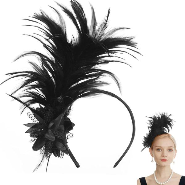 20er Jahre Haarschmuck,Fascinator Damen Schwarz,Feder Haarreif,Haarreif Fasching Damen,Gatsby Accessoires Damen,1920s Fascinator Feather Headband,Feder Kopfschmuck Schwarz