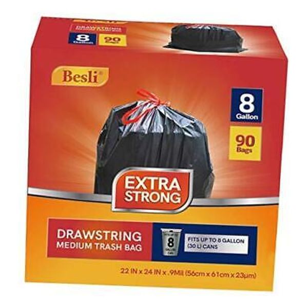 8 Gallon Black Drawstring Trash Bag Garbage Bag Trash Can Liner,0.9 Mil,90