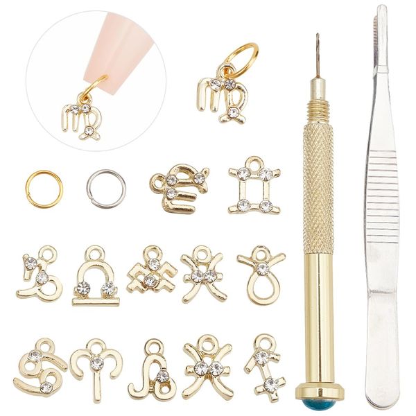 DELORIGIN 126pcs Dangle Nail Art Charms Sets 12 Constellations Pendant Nail Jewelry Rings with Nail Piercing Tool Hand Drill Gels Decorations for Women DIY Nail Design Tips Craft Jewelry Making