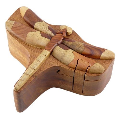 Dragonfly Handmade Carved Wood Intarsia Puzzle Box