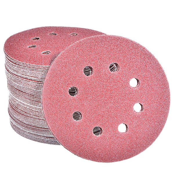 Pack of 100 Random Orbital Sandpaper 125 mm Velcro, 8 Hole Sanding Discs 125 mm Round Velcro for Random Orbital Sanders 100 x 80 Grit by Taspire