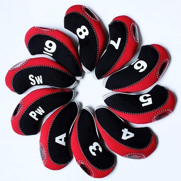 FLTRAD 10Pcs Golf Clubs Iron Head Covers 3-9 A/SW/PW Elastic Reused Neoprene Material with Number Tag Protect Case For Irons (Black & Red)