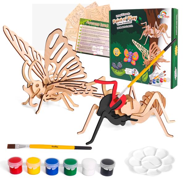 CoolToys Intrepid Insects Paint n' Play 3D Model and Craft Kit - Educational and Fun 3D Wooden Models Building and Painting Set for Kids Ages 6+ - Creative STEM Art Project for Boys and Girls