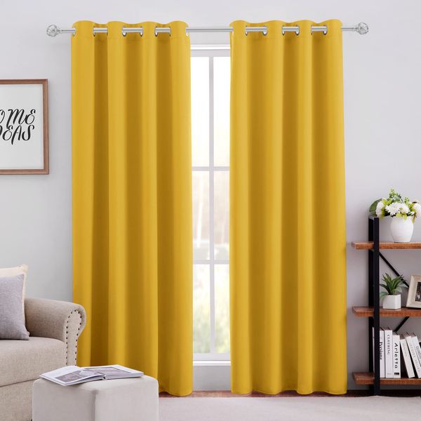 HOMEIDEAS Blackout Curtains 52 X 96 Inch Long Set of 2 Panels Mustard Yellow Room Darkening Bedroom Curtains/Drapes, Thermal Grommet Light Bolcking Window Curtains for Living Room