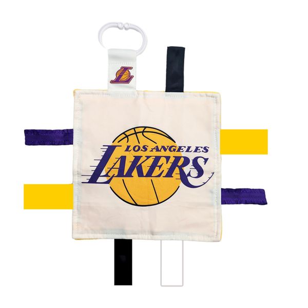 The Learning Lovey LA Lakers Baby Tag Toy - NBA Basketball - Baby Sensory Crinkle Toys - Soft & Safe - Ideal Baby Stroller Toy - BPA Free w/Stroller Clip (8" x 8" Tag Toy)