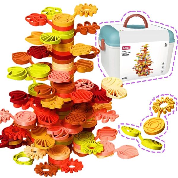 Stack Rainbow flower Tree Plastic Stack Blocks 70/152 PCS for Kids Colorful gardening set Balance game building Toy preschool games Educational Building and Montessori Toys for Toddlers 3+70PCS