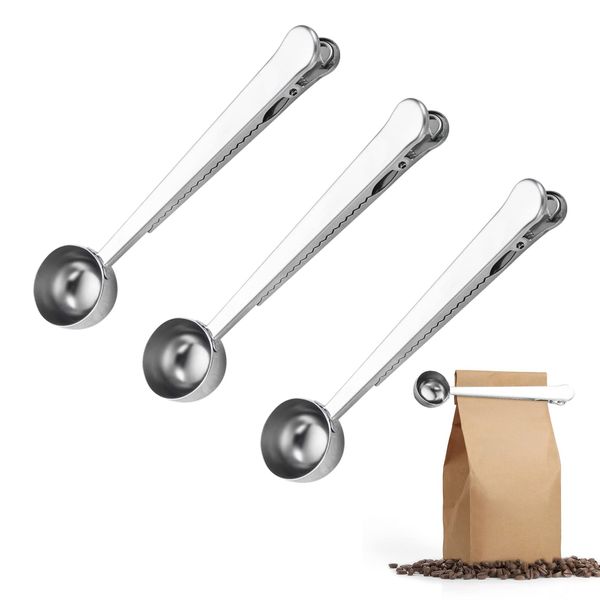 Coffee Scoop with Bag Clip, 3 Pieces Silver Long Handle Stainless Steel Coffee Measuring Spoons 2 in 1 Coffee Scoop Clip for Milk Powder Spices Coffee and Beans