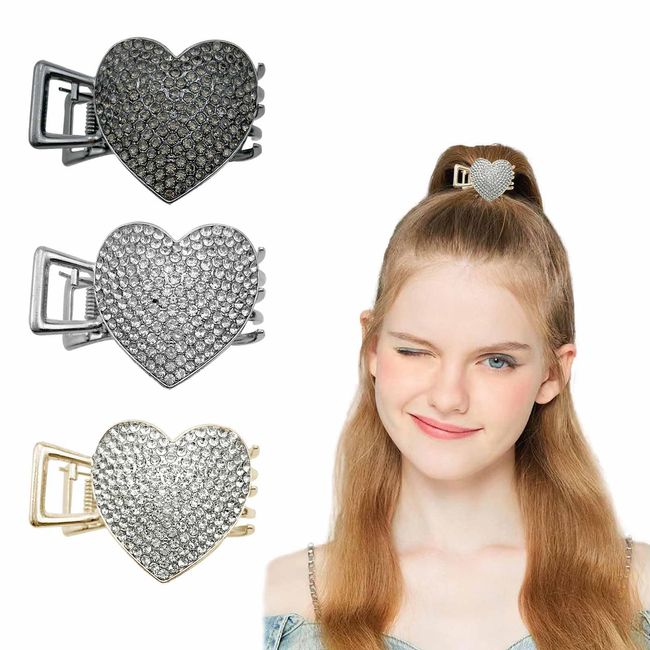 3 PCS Heart Shape Rhinestone Ponytail Holder Hairpin, Small Hair Clips for High Ponytail, Nonslip High Ponytail Buckle Claw Clip Thick Long Hair Hair Accessories for Women and Girls