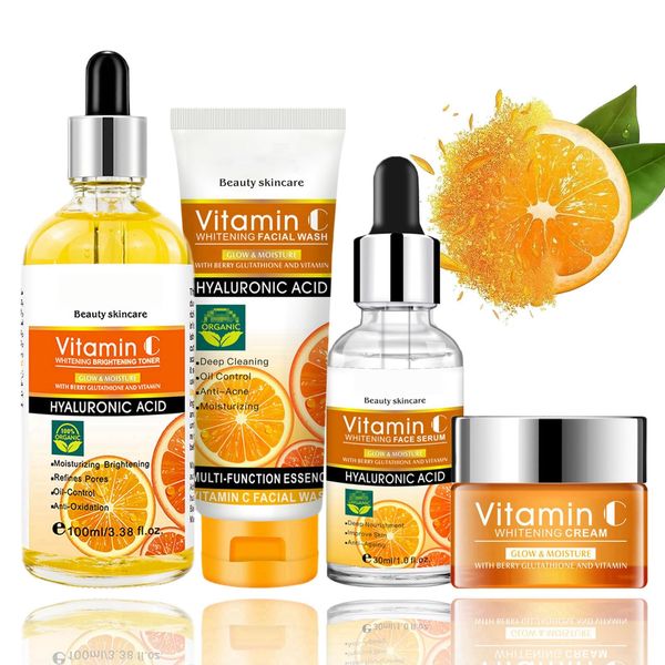 Vitamin C Skin Care Kit, 4-Pack VC Skin Care Set Including Face Wash, Toner, Face-Serum & Face Cream, Skincare Gift Set For Teen Girls, Moisturizing Skincare Set For Anti-Aging & Boosting Collagen