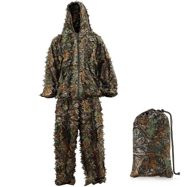 AnExer 3D Tarnanzug Ghillie Suit Dschungel Kostüm Tarnung Woodland Camouflage Anzug Dekoration Festschmuck Tarnkleidung für Halloween Jagd Camping Outdoor Militär Jagd Verdeckt (Grün, XL)