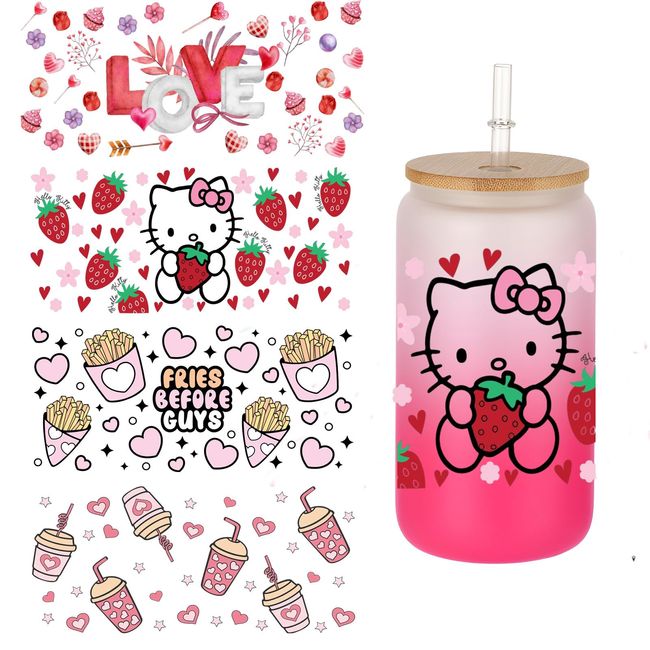 4Sheet Valentine's Day Uv Dtf for Cup Wraps Cute Cat Rub on Transfers Stickers French Fries Milk Tea Waterproof Stickers Decals Crafts for 16oz Glass, Glass Cup Furniture Wood Craft DIY Crafts