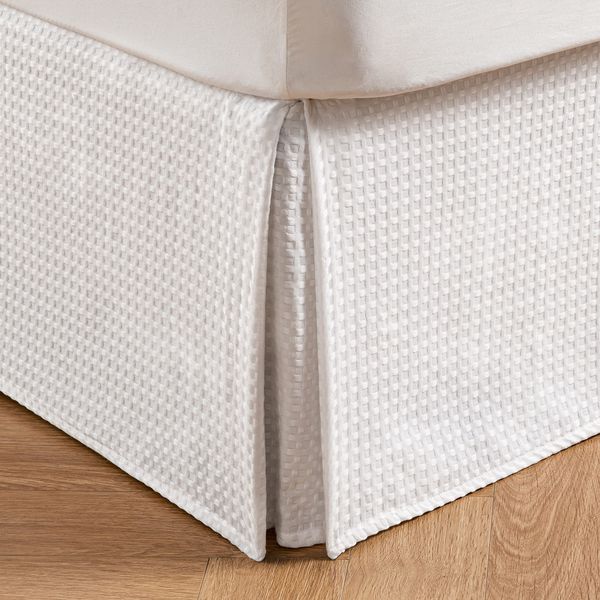 MIYE Pleated Waffle Weave Bed Skirt, Tailored Dust Ruffle 14 Inch Drop Easy Fit, Machine Washable (White, Queen - 14" Drop)