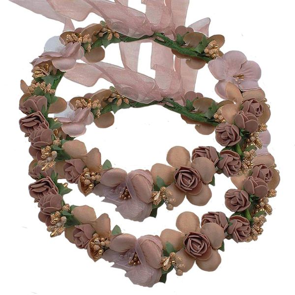 Flower Crown Headband Wreath Garland Hair Bands Floral Wedding Bridal Hair Hoop Women Leaf Ribbon Party Decoration Headdress Headwear Christmas Handmade Headpiece Hair Accessories 2 Pack Coffee