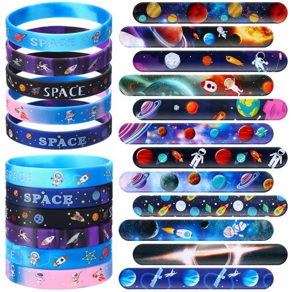 Realspring 48 Pcs Outer Space Party Favors 24 Space Slap Bracelets 24 Silicone Wristbands Galaxy Astronaut Bracelets Bulk for Kids Classroom Rewards Stars Solar System Planet Birthday Party Supplies