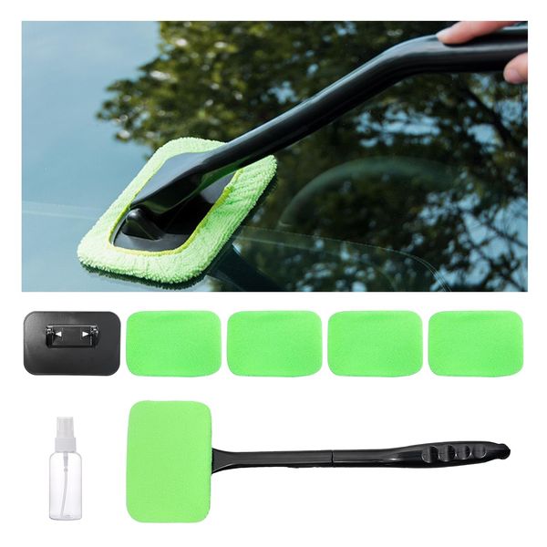 Augeny Car Windshield Cleaning Tool, Microfiber Window Cleaner Set with 4 Washable and Reusable Cloth Pad Head, Detachable & Unbreakable Handle and Spray Bottle, Universal Car Glass Cleaner Kit