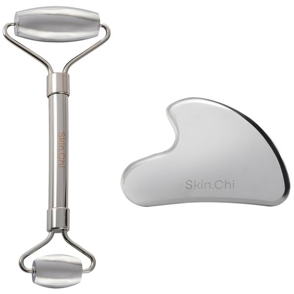 Skin Chi Stainless Steel Gua Sha and Roller Set - Dual Ended Face Roller & Gua Sha Stone Facial Massage Tool Women & Men - Anti Ageing Facial Device for Sculpting, Lifting, Product Absorption