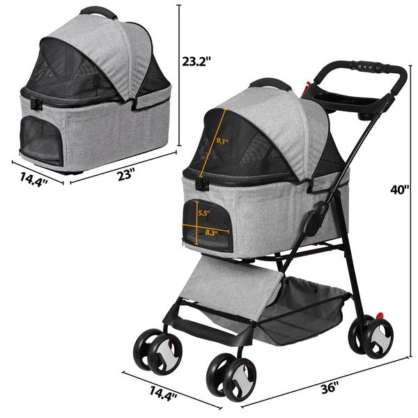 3 in 1 Folding Dog Stroller Pet Stroller for Medium Dog w/Removable Carrier Gray